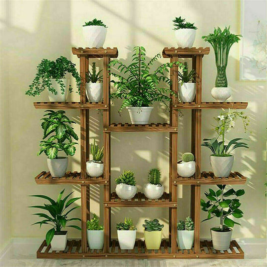 "UNHO 46" Multi-Tier Wood Plant Stand with 16 Potted Display Shelves - Indoor Outdoor Flower Rack Holder for Patio Gardening"