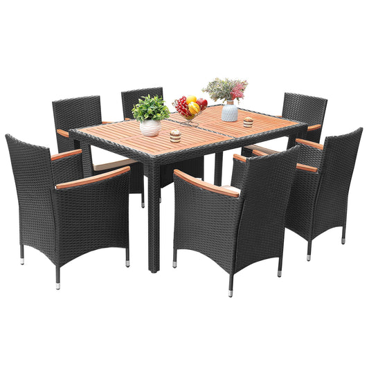 "7-Piece Outdoor Dining Set with Rattan Wicker Table and Acacia Wood Chairs"